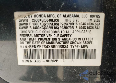 2006 Honda Pilot Ex from USA, damaged, VIN 5FNYF284X6B003034